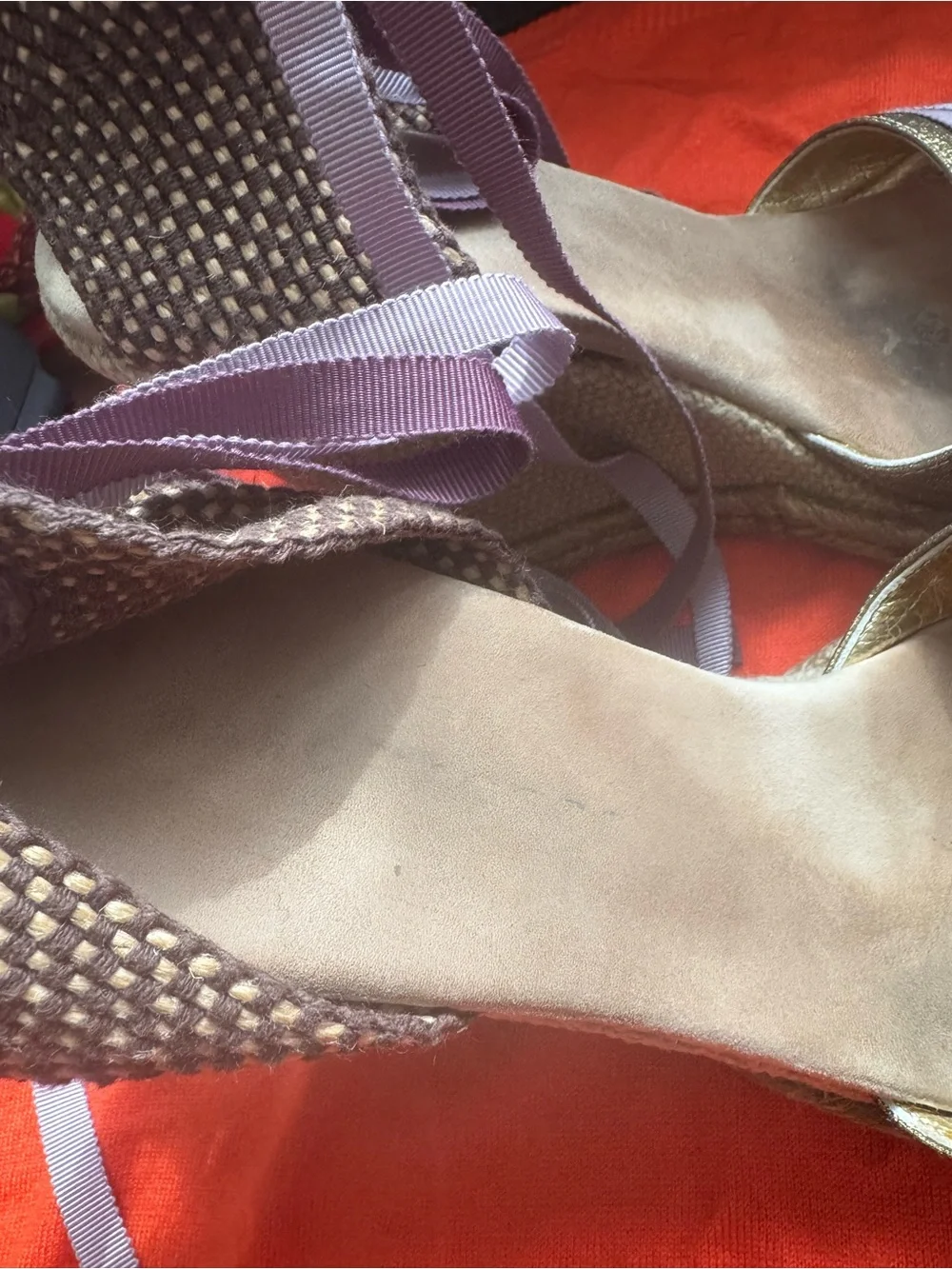 Marc Jacobs Woven Ribbon Espadrille Wedges in Lavender, Orange & Gold